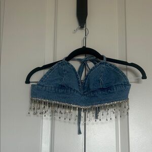 Denim Halter Top with Silver Fringe